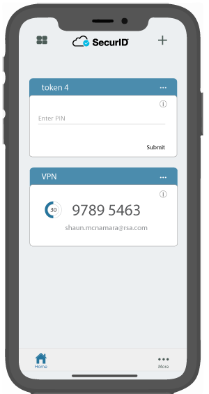 SecurID Authenticate app home screen with 2 accounts